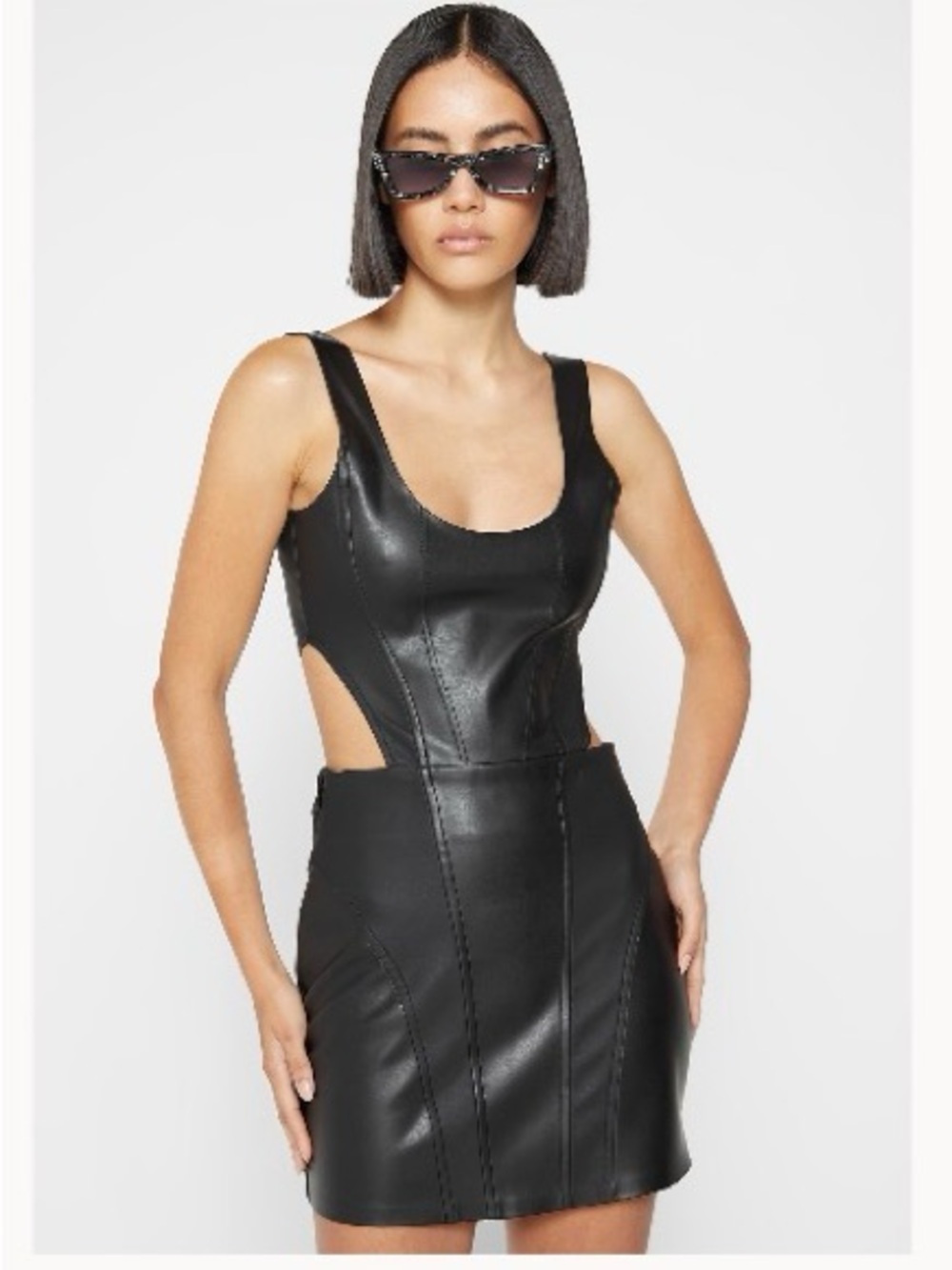 Maniere De Voir Black Faux Leather Cutout Bodysuit Dress Size 4